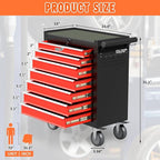 7 Drawers Rolling Tool Chest with Wheels, Metal Tool Box with Drawers, Large Capacity Tool Storage Cabinet with Keyed Locking, Tool Organizer Box for Garage, Workshop, Warehouse, Black Red