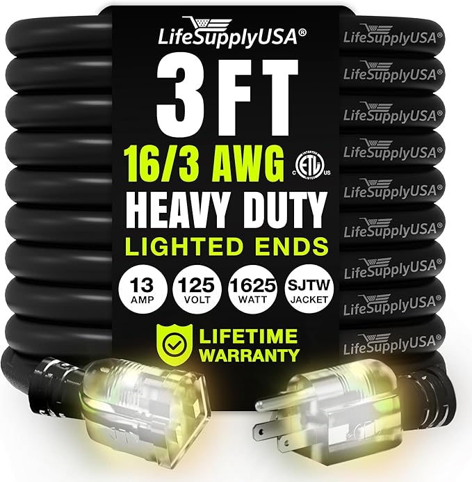 3ft Outdoor/Indoor Extension Cord 16/3 Gauge Heavy Duty 3 Prong SJTW, Waterproof, ETL Listed, Flexible Cold-Resistant Long Power Cord,13A 125V 1625W, Black by LifeSupplyUSA