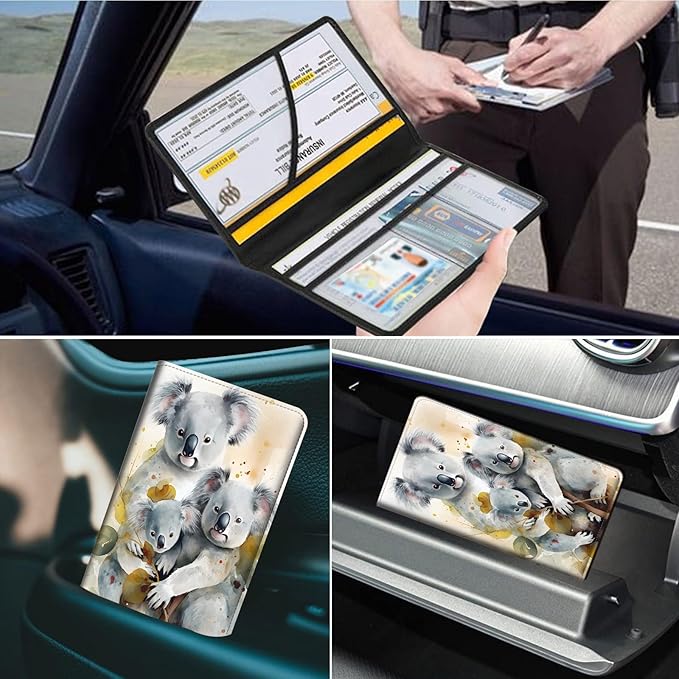 Car Registration and Insurance Holder, Leather Car Glove Box Organizer, Cool Car Accessories for ID, Driver's License Cards & Essential Document,business cards,Men&Women,Cute Three Bear