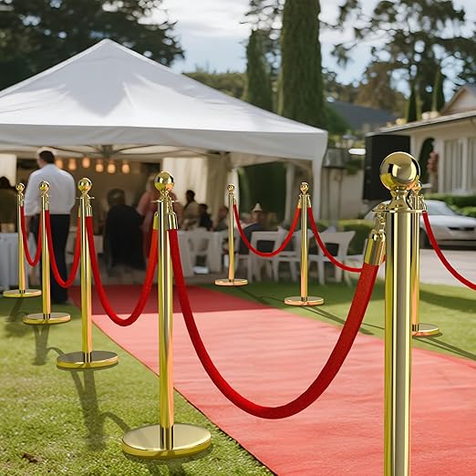 kaiyomi 4Pcs Stanchions with Red Velvet Ropes Set, 5 Feet Velvet Ropes and Posts Poles for Red Carpet Party Decoration and 360° Photo Booth (Golden)