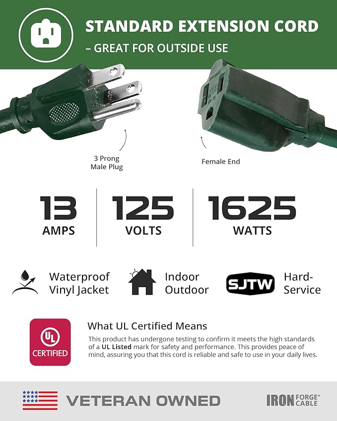 Iron Forge Cable Weatherproof 10 Ft Outdoor Extension Cord - 16/3 SJTW Heavy Duty Green Extension Cord 3 Prong - 13 Amp Exterior Power Cable