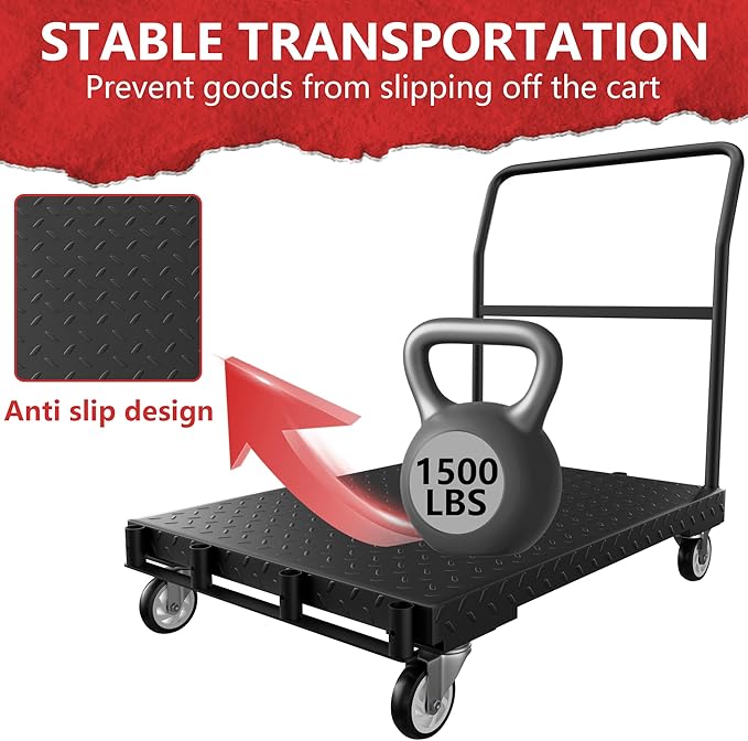 Drywall Cart, Heavy Duty Flatbed Carts and Panel Cart Dolly with 5 Handles, 1500LBS Load Capacity, Carbon-Steel Construction with Anti-Slip Pattern, 38.38" x 24" Inch Platform Truck, Black