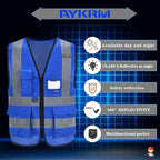 A-SAFETY Big and tall Blue high vis Reflective Work Ves 7 Pockets,4XL-5XL