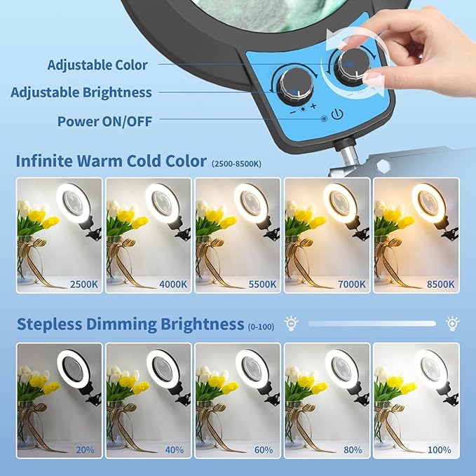 HITTI 12X Long Magnifying Glass with Light, 2025 Upgrade Infinite Color and Brightness LED Magnifying Lamp with Clamp, Hands Free Magnifier Light and Stand for Workbench Crafts Reading Painting - Blue