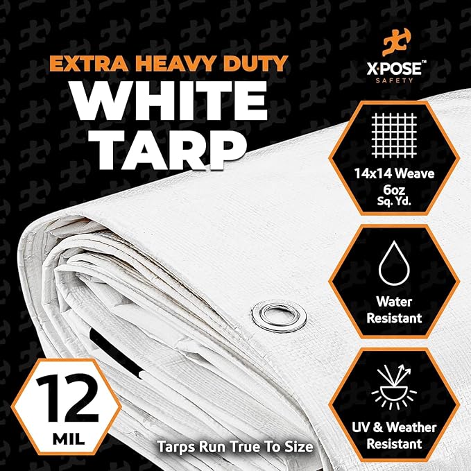 Heavy Duty White Poly Tarp 16' X 20' - Bulk Full Pallet (100 Pack) - Multipurpose Protective Cover - Durable, Weather Proof & Tear Resistant - 12 Mil Thick Polyethylene - by Xpose Safety