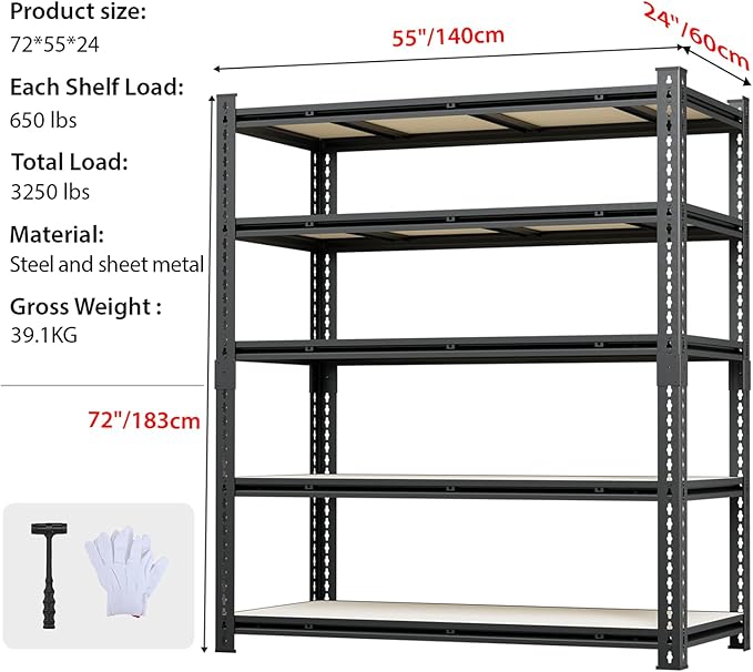 5 Tier Garage Shelving, Adjustable Heavy Duty Garage Shelves,Metal Storage Shelves Unit for Basement,Warehouse,Pantry Kitchen