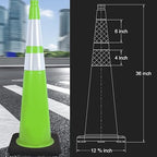 6 Pack 36" Large-Sized PVC Traffic Cones with Heavy-Duty Black Base, Garage Parking Lot Cones Structurally Stable Weatherproof Road Construction Safety Cones (6, Green, 36" Extra Large)