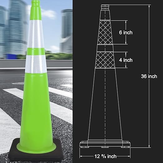 6 Pack 36" Large-Sized PVC Traffic Cones with Heavy-Duty Black Base, Garage Parking Lot Cones Structurally Stable Weatherproof Road Construction Safety Cones (6, Green, 36" Extra Large)