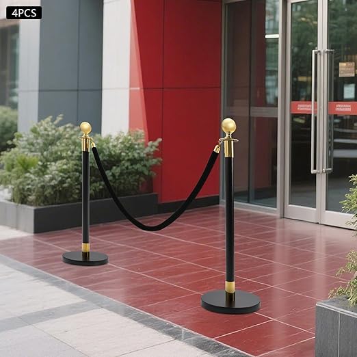 4Pcs Velvet Ropes and Stanchion Post, Black & Gold Stanchion Rope Set, Stainless Steel Stanchions Posts with Ball Top, Crowd Control Barriers for Shopping Malls, Exhibition Halls