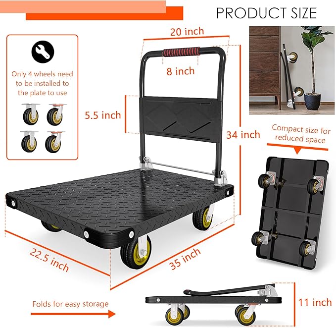 Platform Truck, Foldable Flatbed Cart Heavy Duty Push Cart Dolly Large Platform w/ 5'' Swivel Wheels 2000LBS Capacity Moving Hand Dolly for Groceries, Garage, Warehouse (35'' L x 22.5'' W)