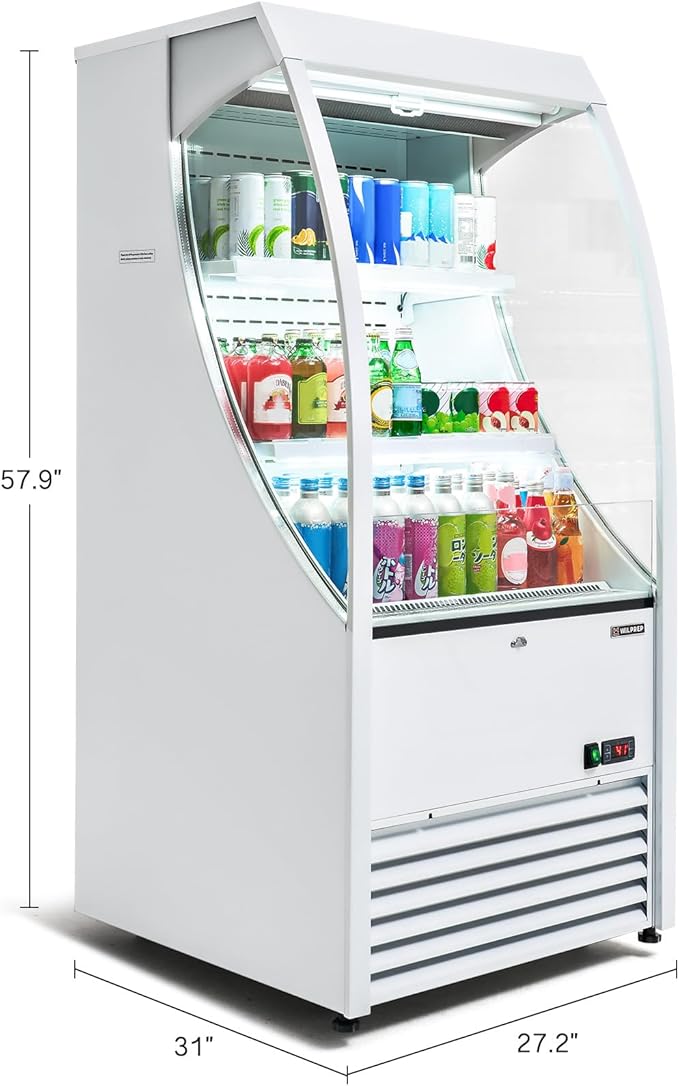 Wilprep Commercial Display Refrigerator, 27" Open Air Merchandiser with 6.7 cu. ft. Volume LED Lighting Night Curtain, Grab and Go Display Refrigerator Showcase for Store Cafe Bar Shop
