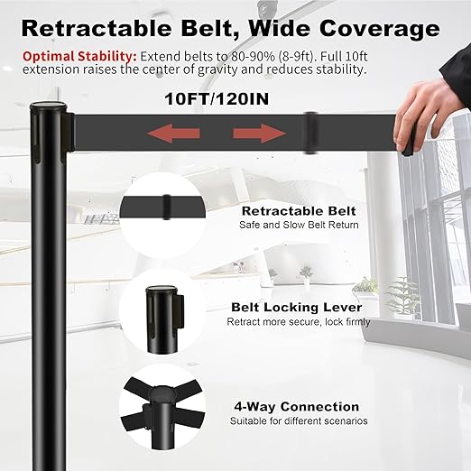 6 Pack Black Stanchions with Retractable Belts - Crowd Control Barriers, Heavy Duty Weighted Base for Events, Retail, Queue Lines