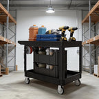 2-Tier Rolling Tool Cart,Heavy-Duty Plastic Service Cart with Lipped Shelves,550 lbs Capacity Utility Cart,Flat Top 46 x 26 Inch Rolling Work Carts for Garage,Salon,Kitchen,Office-Black