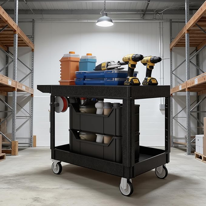 2-Tier Rolling Tool Cart,Heavy-Duty Plastic Service Cart with Lipped Shelves,550 lbs Capacity Utility Cart,Flat Top 46 x 26 Inch Rolling Work Carts for Garage,Salon,Kitchen,Office-Black