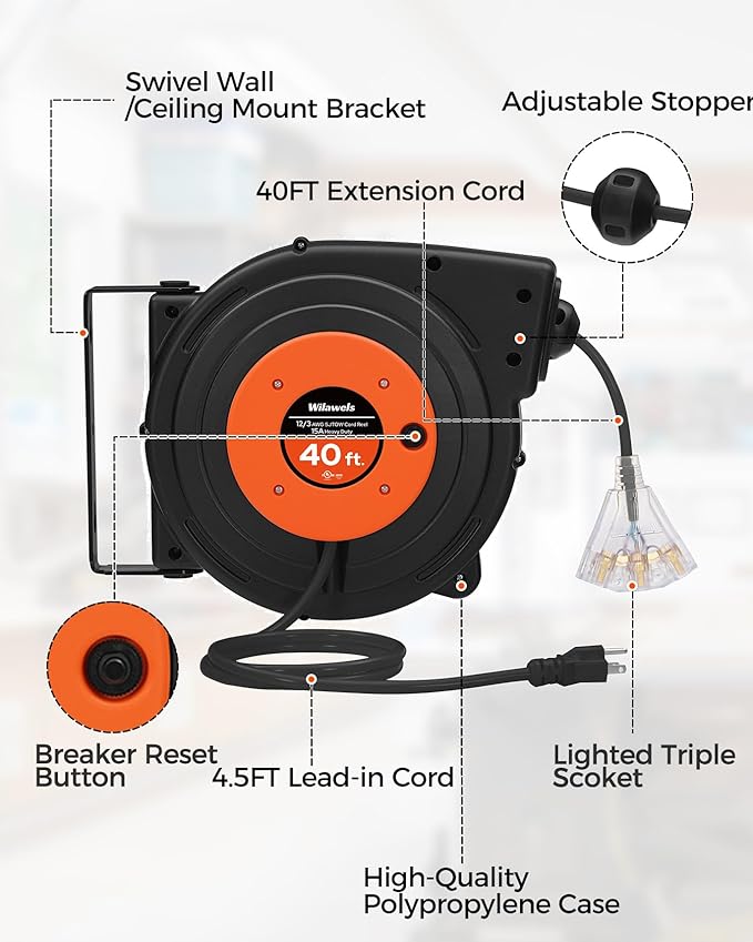 Retractable Extension Cord Reel, 40 FT Heavy Duty Power Cord, 12AWG/3C SJTOW, 3 Grounded Outlets Lighted Triple Tap, 15 Amp Circuit Breaker, UL Listed, Orange B40CR06