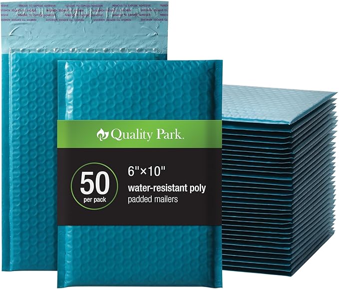 Quality Park Bubble Mailers, 6 x 9 Inch, Blue Poly Mailers, Padded Envelopes, Shipping Envelopes, Water Resistant, Self Seal, 50 Per Box (QUA85862)