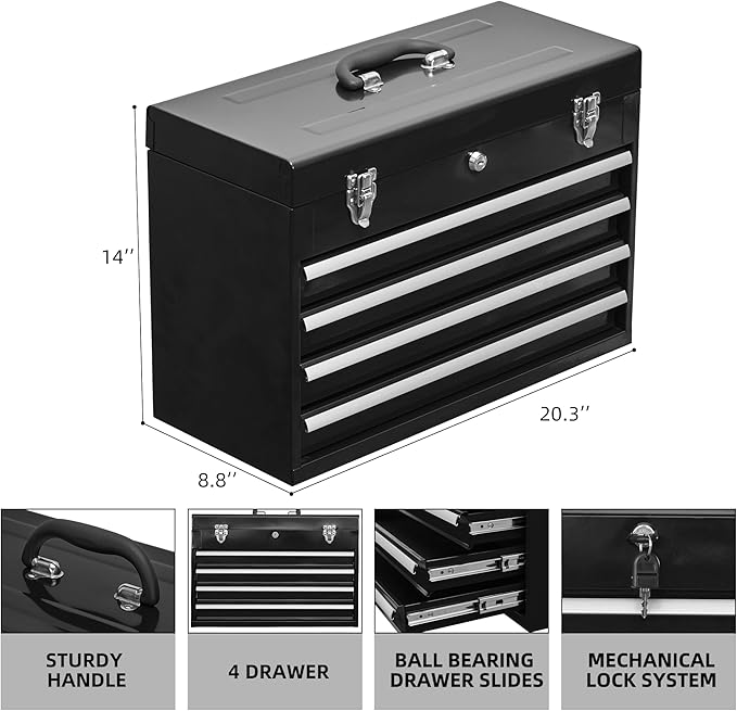 4 Drawers Metal Tool Box Portable Steel Tool Chest with Metal Latch Closure & Key Lock, 20" Powder Coating Top Storage Tray Toolbox with Handle, Suitable for Repair Shop & Garage (Black)