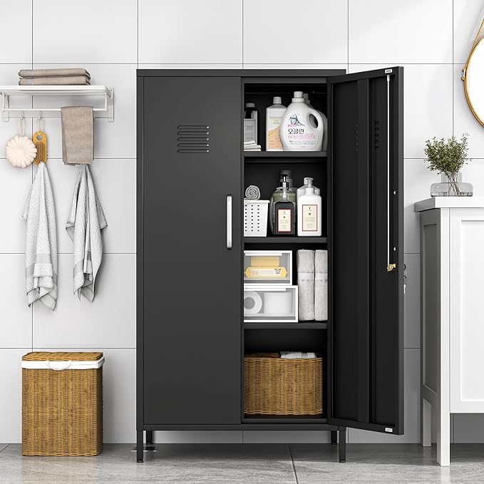 Metal Locker Cabinet, 27" W Bathroom Storage Cabinet, Vertical Steel Storage Cabinet with Locking Door and 3 Adjustable Shelves, Garage Tool File Lockers for Home Office, Garage, Bathroom, Black