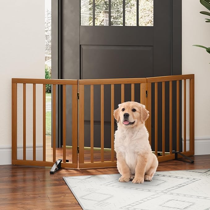 Freestanding Dog Gates for Doorways, Foldable Dog Gate Indoor, Pet Gates for Doorways Bedroom, Puppy Gate with Metal Support Feet, Room Divider 3 Panels (Walnut)