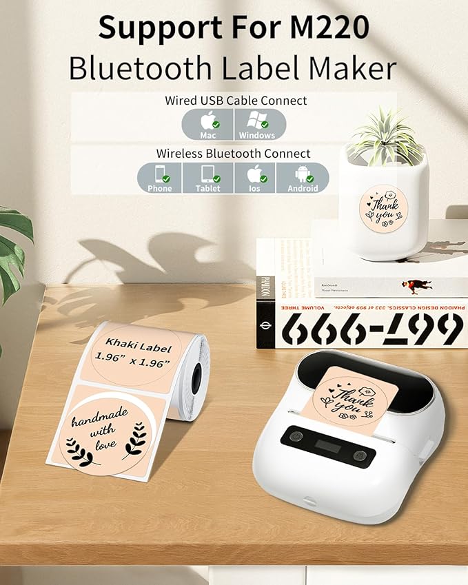 Phomemo Circle Label for M110/M110S/M120/M200/M220 Label Maker, 1.96" x 1.96"（50x50 mm） Round Thermal Labels for Barcode Labels, DIY Logo Design, Black on Khaki
