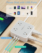 TESSAN Surge Protector Power Strip, 5 Ft Flat Plug Extension Cord with 3 USB (1 USB C) 8 Outlets, 1250W, 900J Protection, 3 Sided Outlet Extender with Power Switch for Office, Dorm Room Essentials