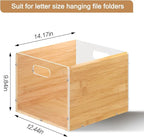 Hanging File Organizer, Clear Acrylic File Box Organizer, Bamboo Filing Box File Crate Organizer Storage Boxes, Portable Filing Folder with Handle for Letter Size