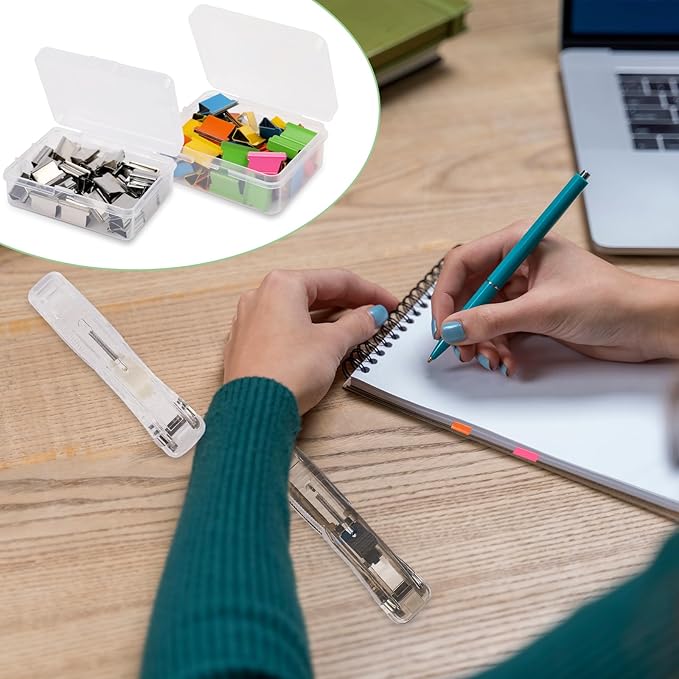 2 Pcs Clam Clip Dispensers Recyclable Handheld Paper Clip Dispenser with 100 Pcs Clam Clip Refills Portable Fast Paper Clipper for Desktop Document Office School Home (Black and Transparent)