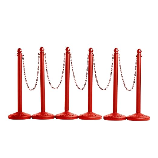 Montour Line Plastic Stanchion Red 2.5 Inch Diameter with 50 Foot Chain, 6-Pack, Crowd Control Barriers
