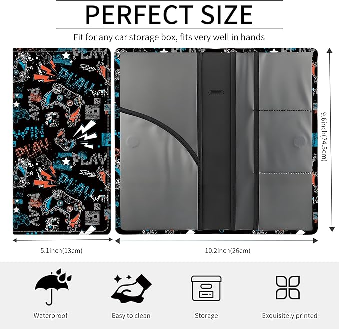 Premium Car Registration and Insurance Card Holder, Cute PU Leather Car Document Holder, Vehicle Glove Box Car Organizer with Magnetic Closure for Driver License, Cards Neon Gamer Pattern