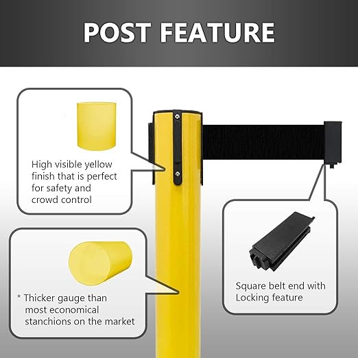 VIP Crowd Control Retractable Belt Stanchion Queue Safety Barrier Set, 36" Ht, 78" Belt (2 YEL Posts Black Belt)