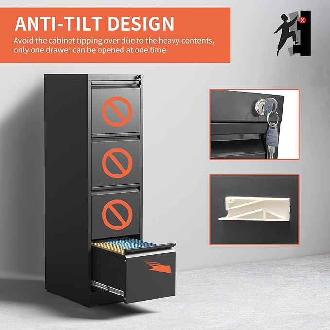 4 Drawer File Cabinet with Wheels,Metal Mobile Filing Cabinets with Lock,Black Rolling File Cabinet for Home Office,Heavy Duty Storage Cabinet for A4/Letter/Legal Size File,Assembly Required