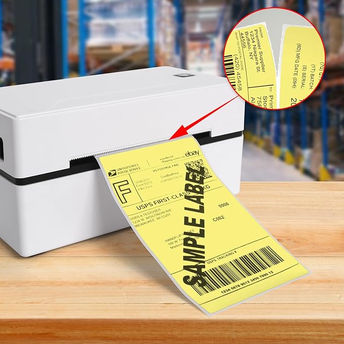 Yellow Thermal Labels 3 × 5 Inch Vinyl Self-Adhesive Fanfold Direct Shipping Stickers Waterproof Perforated Printer Decal for Office Warehouse Barcode 300 PCS