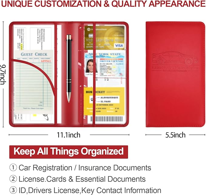 Car Registration and Insurance Card Holder, Leather License Document Red Glove Box Compartment Organizer, Car Wallet Case for Essential Info, License Cards, ID Card