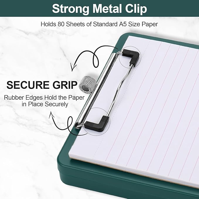Small Clipboard with Storage, A5 Clipboards with Pen Holder, Half Letter Clip Boards 6x9 Mini Plastic Clipboard with Low Profile Clip for Classroom, School, Office Supplies (Emerald)