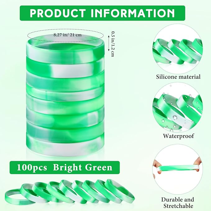 Liliful 100 Pcs Silicone Rubber Wristbands Rubber Wristband Bracelet Bands for Silicone Wristbands for Women Men(Green and White)