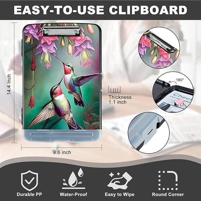 Clipboard with Storage,Heavy Duty Plastic Storage Clipboard with Low Profile Clip,Teacher Must Haves,Office Supplies,Hummingbird Red Flower