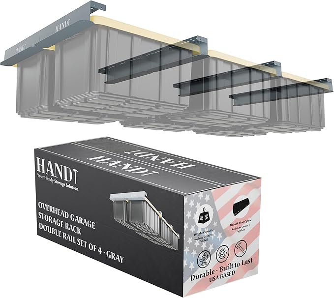 HANDT Overhead Garage Storage Rack, Connectable Heavy Duty Metal Ceiling Rails For Garage Storage Organization Shelving System, Hanging Racks For Tote Containers, Supports Up To 6 Bins, 4 Sets Gray