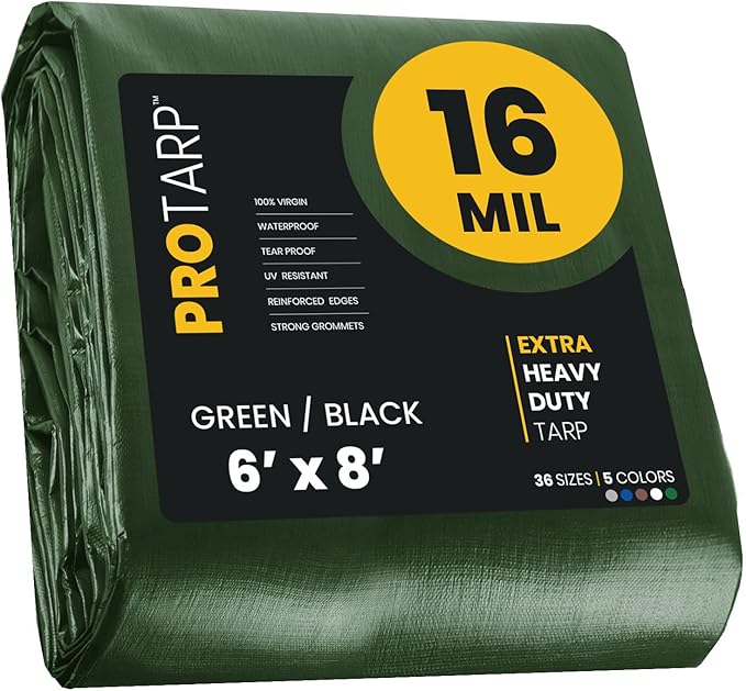 PROTARP Extra Heavy Duty 16 Mil Tarp Cover, Waterproof, UV Resistant, Rip and Tear Proof, Poly Tarpaulin with Reinforced Edges for Roof, Camping, Patio, Pool, Boat. (Green/Black 6′ X 8′)