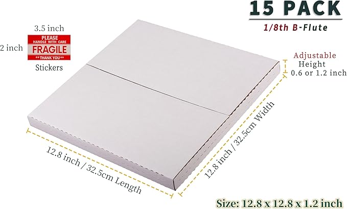 12" LP Mailers 12.8"L x 12.8"W x 1"H Vinyl Record Shipping Boxes, White Corrugated Cardboard Album Mailing Box with Fragile Stickers, 15 Pack