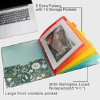 Clipboard Folio Spiral Folder Board,5 Extra Folders with 10 Storage Pockets,Refillable Lined Fillable Notepad,Folded Clipboard with Storage,Suitable for Office,School and Student (Green Flowers)