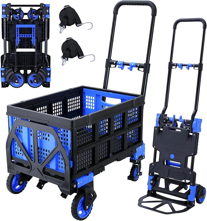 2-in-1Folding Hand Truck Dolly with Folding Basket, 330LBS Capacity Foldable Hand cart,Folding Dolly with Retractable Handle,Hand Truck Foldable with 4 Wheels for Moving