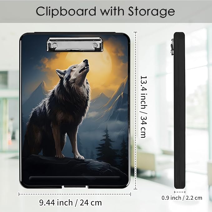 Clipboard with Storage,Office Supplies Nursing Clipboards Folder with Pen Holder Plastic Foldable Clip Board with Storage for Nurse Teacher,Wolf with Full Moon
