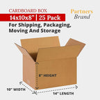 Partners Brand 14x10x8 Corrugated Cardboard Boxes, 14"L x 10"W x 8"H, Pack of 25 | Shipping, Packaging, Moving, Storage Box for Business, Strong Wholesale Bulk Boxes 14x10x8 14108