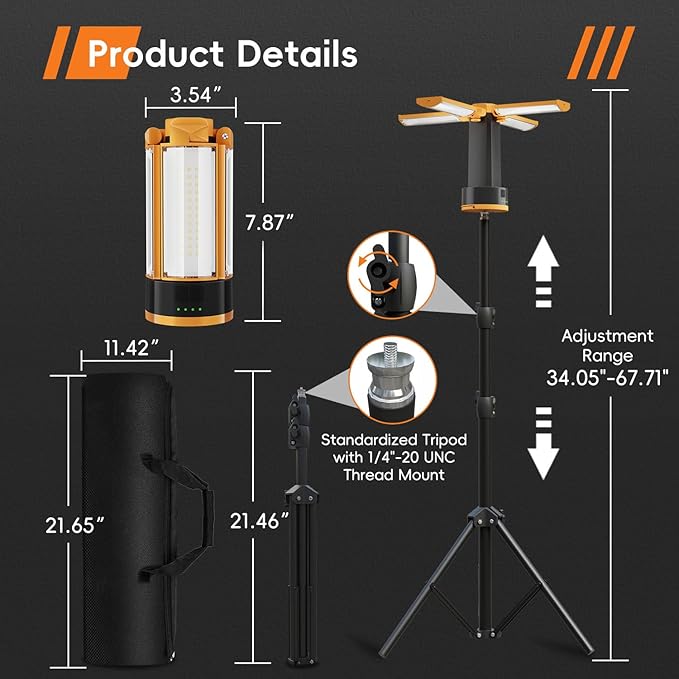 T-SUN Rechargeable Camping Light with Stand, 10400mAh LED Work Light 4100 Lumens with 4 LED Lamp Heads, Portable Work Light with Detachable Tripod 67" Max Height, Magnetic Emergency Flashlight
