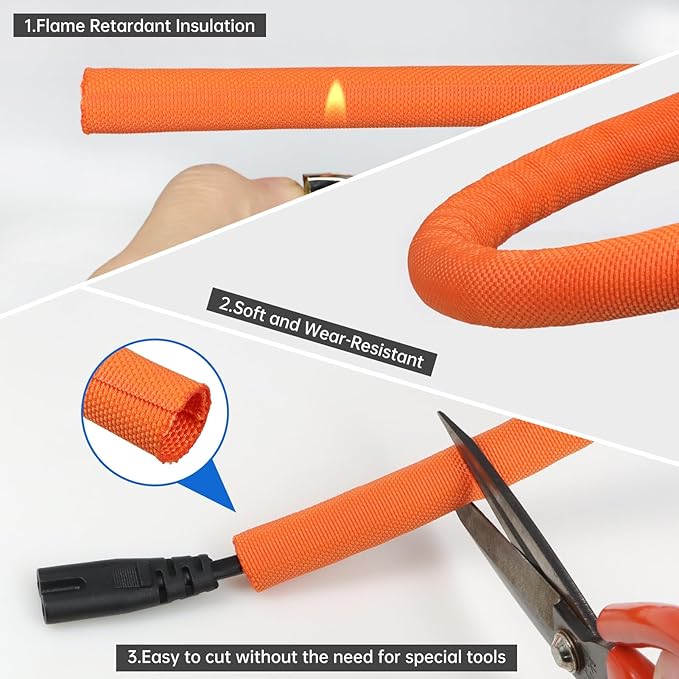 Split Braided Cable Sleeve，Flexible Wire Loom Tubing, Automotive Cord Protector Pet Proof, Cable Management for Computer TV Electric Wires Harness 16ft (Orange, 30mm（1-3/16")