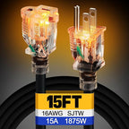 Lighted End Heavy Duty Outdoor Extension Cord Waterproof -16AWG, 3 Prong, 15A, 1875W, Flexible Black Power Extension Cord for Outsides, 15ft