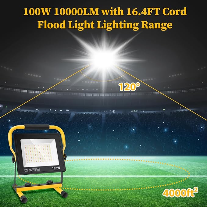 100W Led Work Light, 3000K/5000K/6500K Selectable Work Light, 10000LM Portable Work Lights with 16.4FT Cord, IP66 Waterproof for Outdoor Indoor Job Site Workshop Flood Lights, Gifts for Him