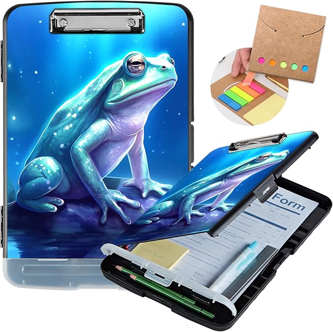 Clipboard with Storage,Heavy Duty Plastic Storage Clipboard with Low Profile Clip,Teacher Must Haves,Office Supplies,Frog in a Lake