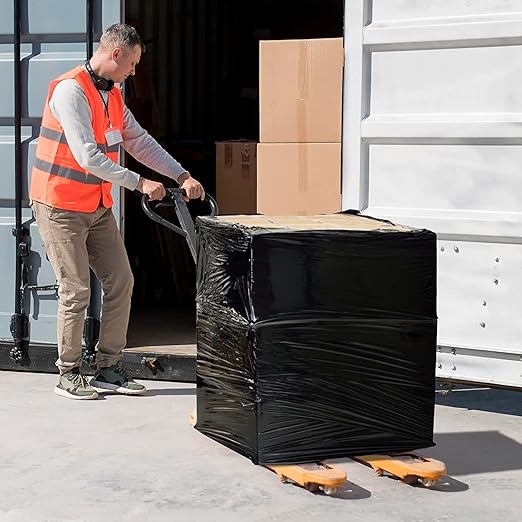 APQ 4 Rolls of Blown Hand Stretch Film 15" x 1500'. Black Hand Stretch Wrap, 80 Gauge. Tear Resistant Residue Free Film for Moving, Shipping, Wrapping. Industrial Grade Pallet Shrink Wrap Film.