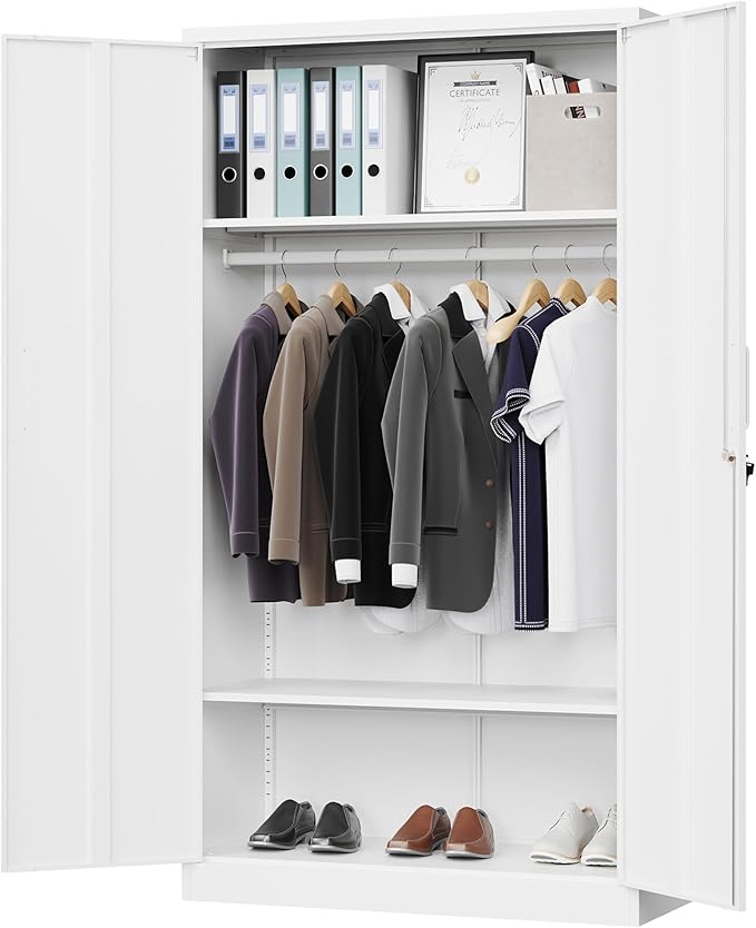 Letaya Metal Wardrobe Cabinets with Lock,Clothing Locker 72" X 36" X 18" Storage Cabinets for Home Room,Fire Department, School, Employee,Gym,Government (White)